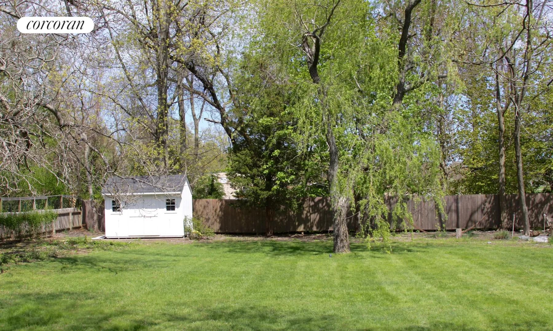 Fenced half-acre yard with mature trees and garden shed